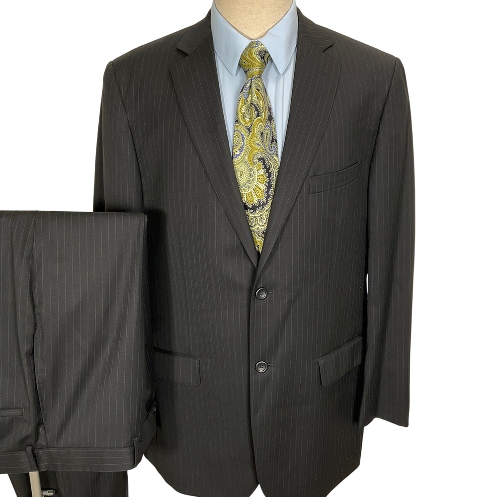 Pronto Uomo Suit Men 44L 36W 32L Black Pinstripe Classic Timeless Formal Wool